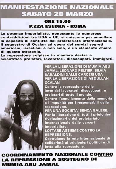 Per la liberazione di Mumia Abu Jamal, Leonard Peltier e Silvia Baraldini, manifesto